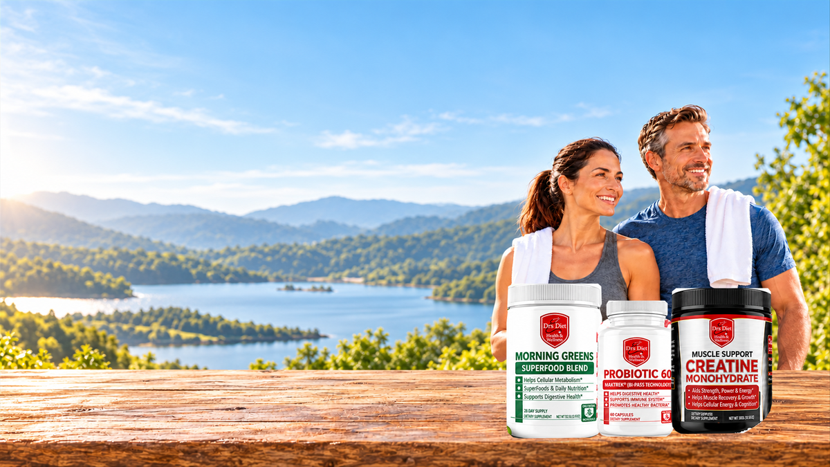 Smiling couple outdoors with Drs Diet Morning Greens, Probiotic 60 and Creatine