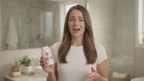 Woman holding a Drs Diet Probiotic 60 bottle and talking about her digestive health